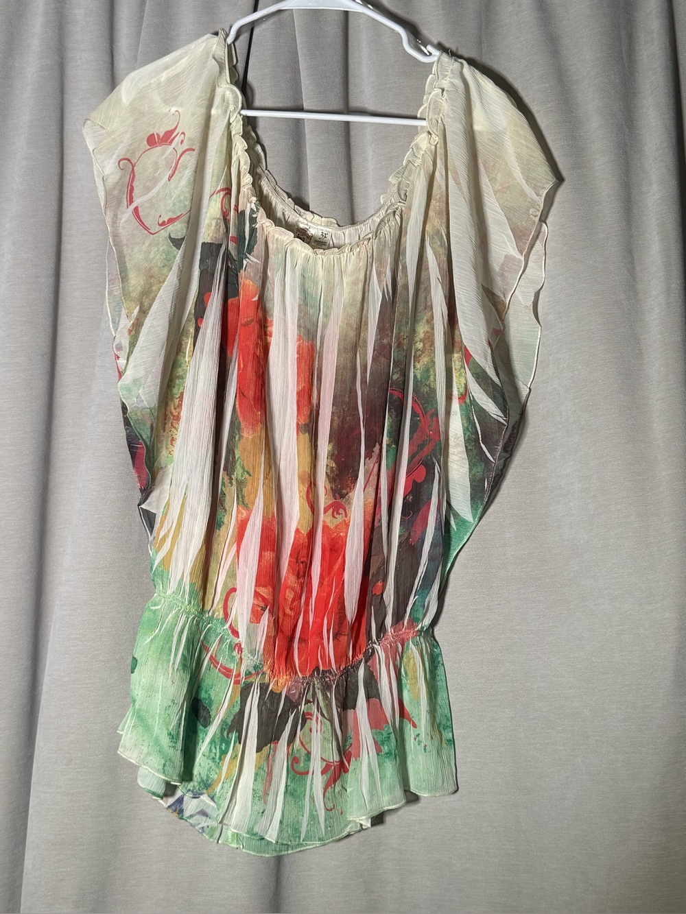 L8ter Clothing Y2K Sheer Watercolor Floral Blouse Smocked Waist 3XL